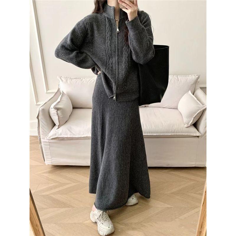 

European and American Loose Knit Zip-up Sweater Skirt sets Knited Sweater and Skirt Set Gray One size