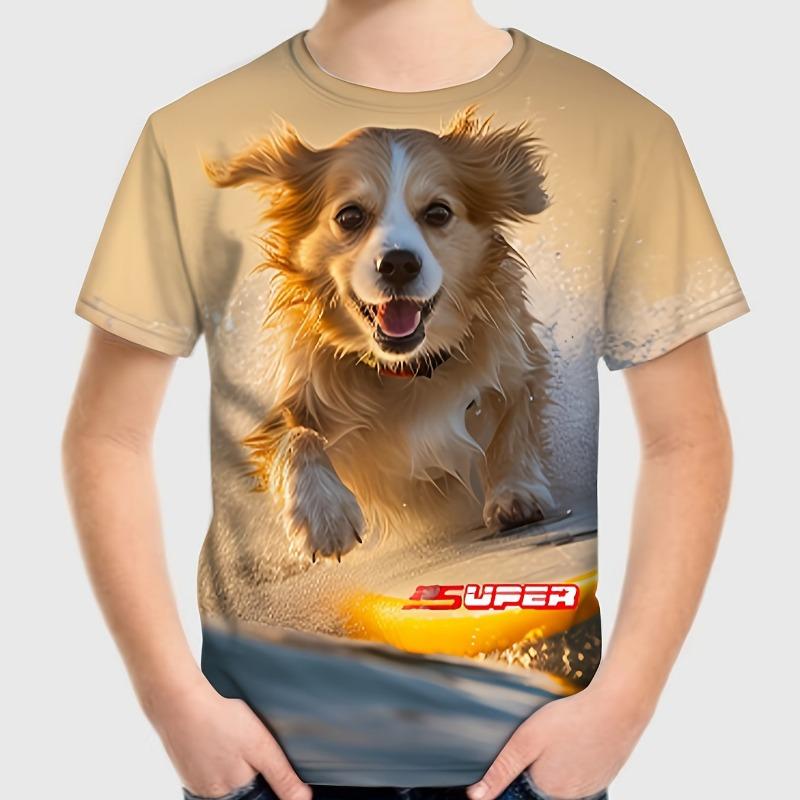 Barneklær Gutter T-skjorte Kort Erme 3D Hundetrykk Barn Sommerklær Kreativ Stilfull Streetwear Rund Hals Jenteklær