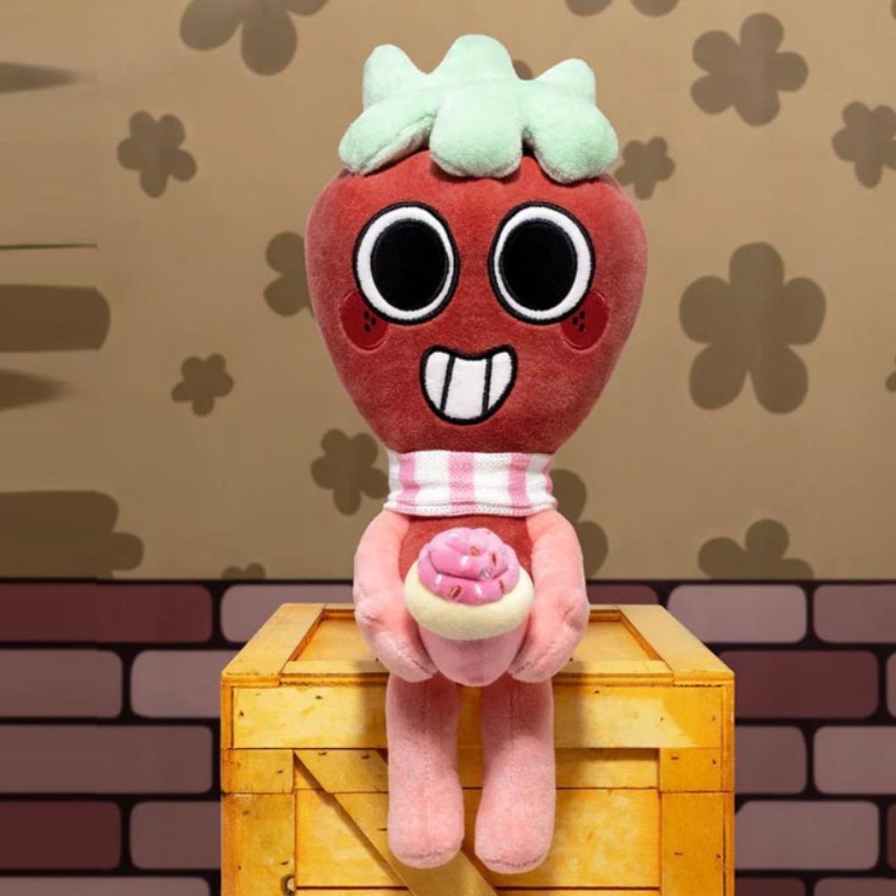 Neues Dandy's World Sprout Plüschtier Erdbeer-Charakter mit rosa-weißem Schal Weiche Stoffpuppe hält Cupcake für Kinder Geschenk & Fan-Sammlung