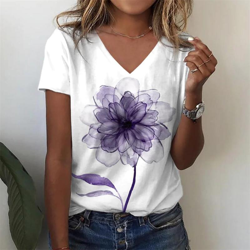 Sommer Kvinner Kortermet V-hals Oversized T-skjorte for kvinner Hvit mote T-skjorte for kvinner 3d Dragonfly Print Topp Uformelle klær