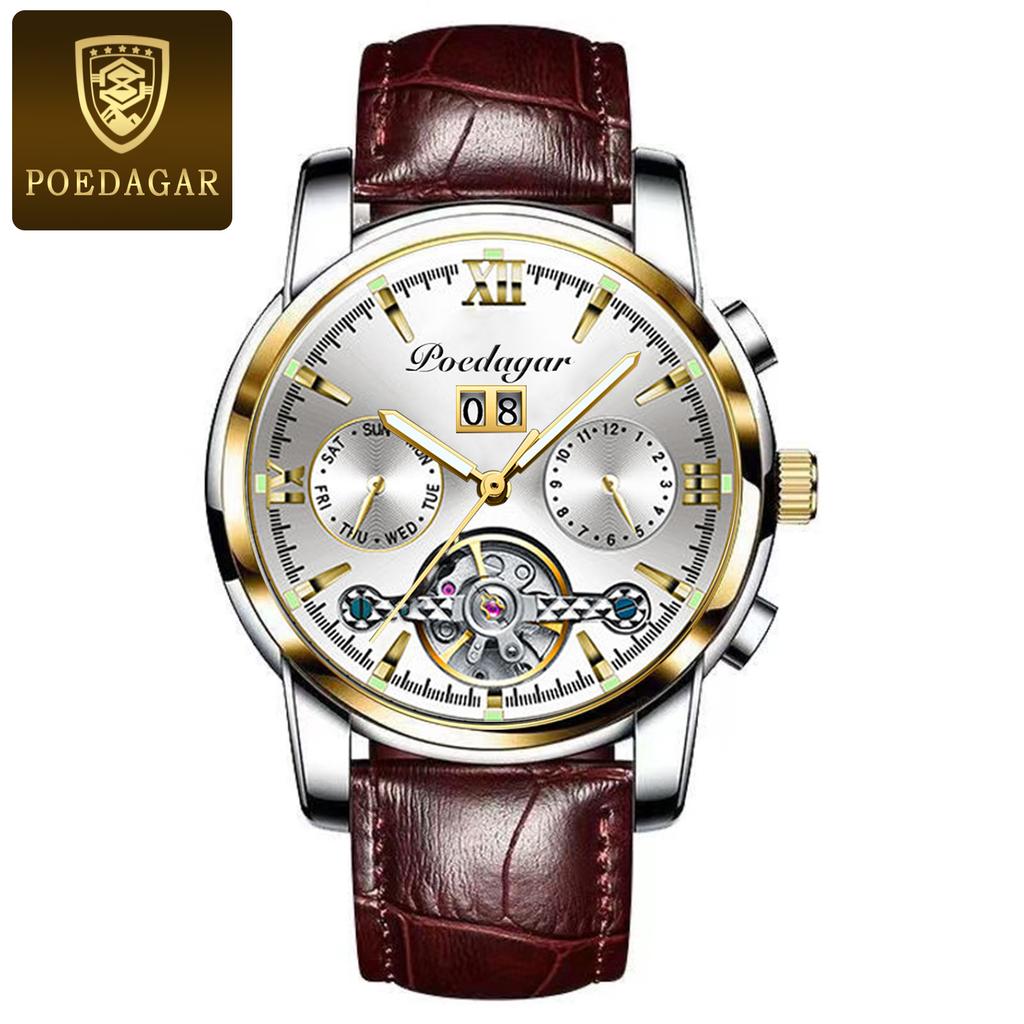 POEDAGAR Automatic Mechanical Watch Men Tourbillon Skeleton Wristwatch Calendar Week Display Leather Strap