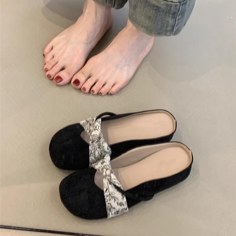 Summer new gentle heelless lazy with skirt temperament bag head wearing half slippers