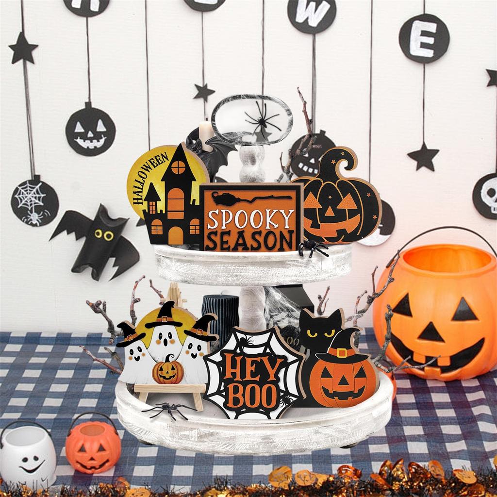 Halloween Spooky Tiered Tray Decor Set with Witch Skeleton Bat and Spider Wooden Signs for Table Centerpiece Shelf Display