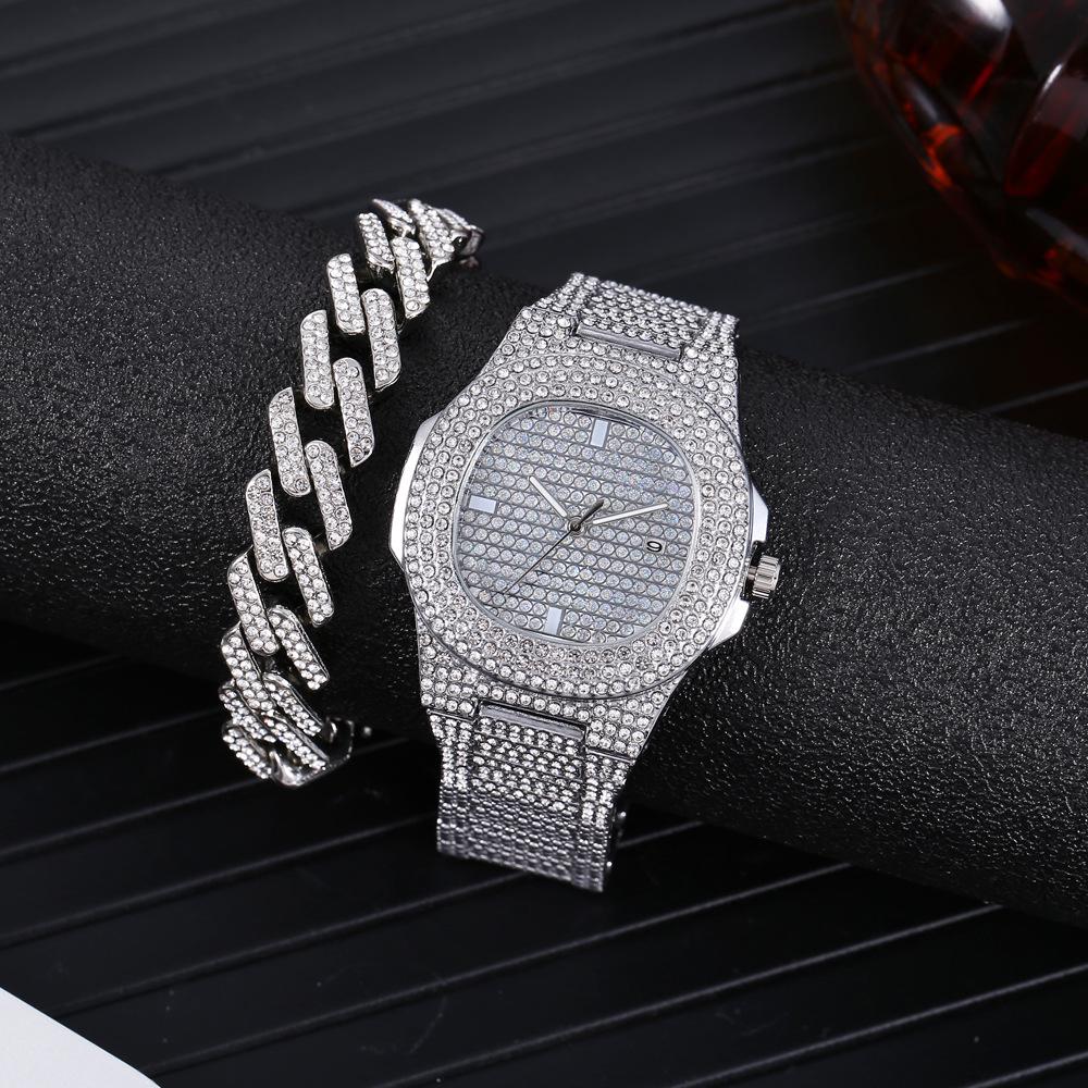 Starry Sky Diamond Wristwatch & Bracelet Set - Unisex, Hip Hop Style, Full Diamond Steel Band, Calendar Feature.