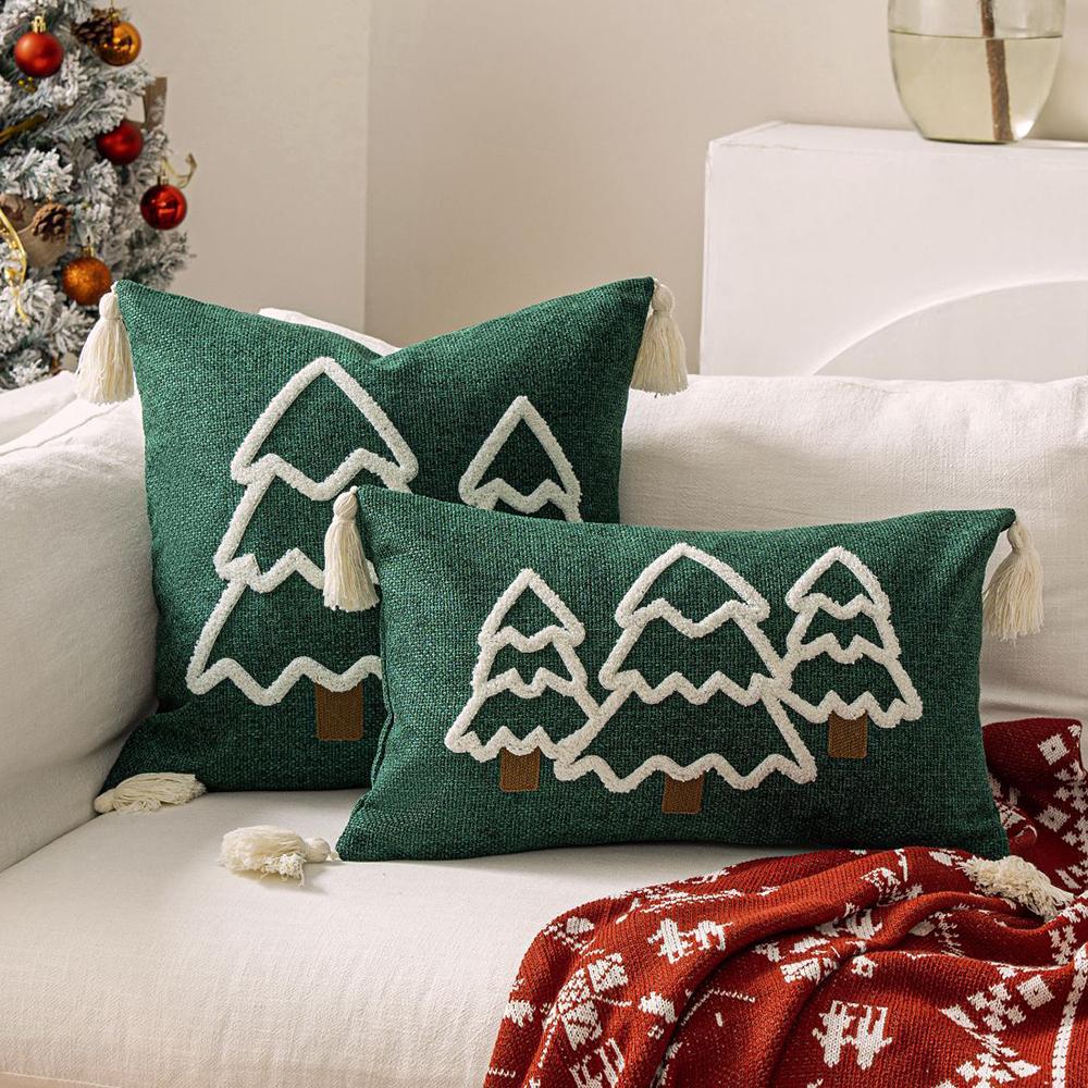 Groene Kerst Sierkussenhoes met Knopen en Kwasten Decoratieve Kussenhoes voor Bank Bed Woondecoratie 30x50cm groen