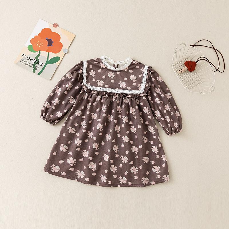 Girls Floral Long Sleeve Dress Sweet Princess With Lace Collar For Spring Autumn Toddler And Kids