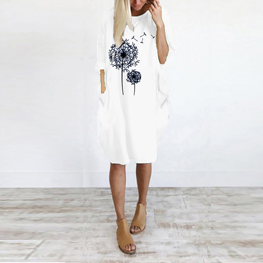 Women's Casual Loose Fit Pullover Dress with Round Neck and Pockets Featuring Printed Floral Design Comfortable Everyday Wear
