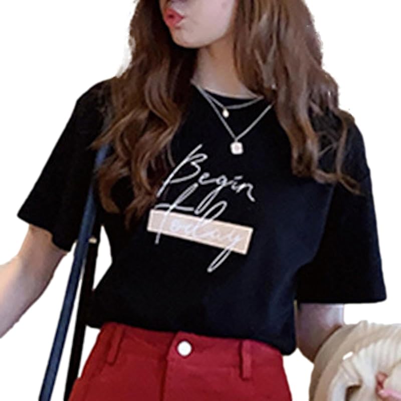 

[ReiLuana] short sleeve t-shirt cut and sew ladies logo design shirt room wear commute Commuting to school Popularity cute Fashionable cool T-shirt