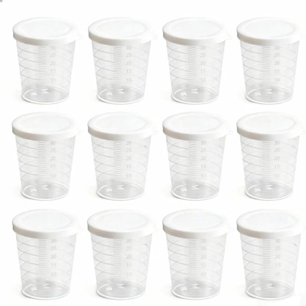 seimeinoki Measuring Cups, 50-Pack, Disposable Mixing Cups, 30ml, with Measurement Markings and Cover, Transparent, Small, for Epoxy Resin, Paint