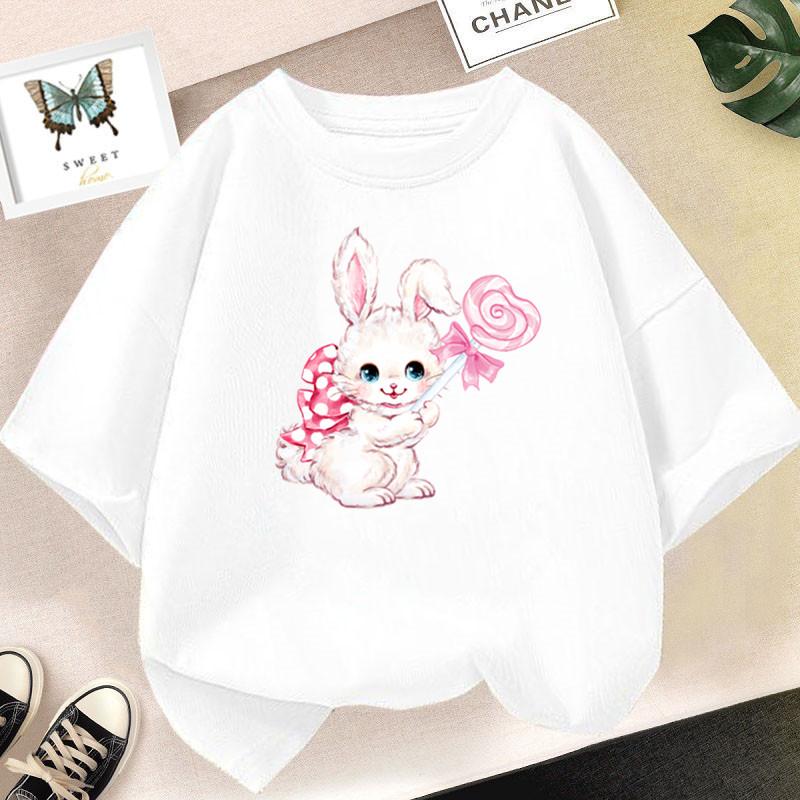 Cute Cartoon Rabbit Lollipop Print T Shirts Student Girls Kawaii Tee High Quality Cotton Summer Short Sleeve Casual Tops