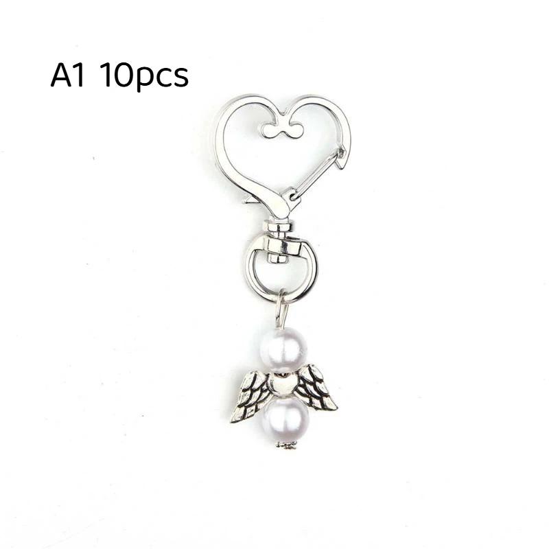 10Pcs Guardian Angel Key Rings 6cm Cute Angel Wing Heart Keychains White Pink Blue Alloy for Family Member Small Gift