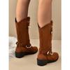 Women's Casual and Versatile Medium Boots New Fall Round Toe Chain Block Heel Solid Color Fashion Boots