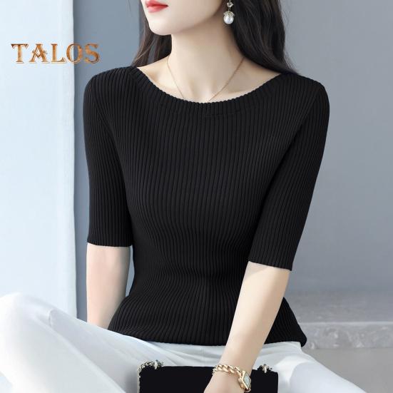 Women Tops Slim Fit Solid Color Ribbed T-Shirt Round Neck Half Sleeve Elastic Pullover Tops Daily Wear