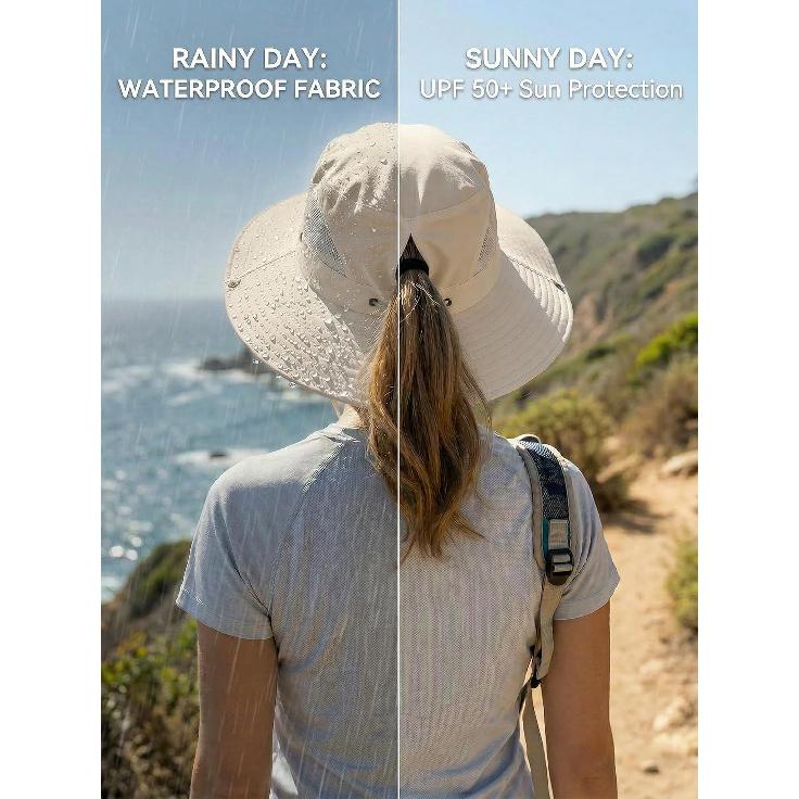 Women's Sun Hat Wide Brim Bucket Hat for Outdoor Breathable Mesh Ponytail Hole Adjustable Foldable UPF 50+ Windproof