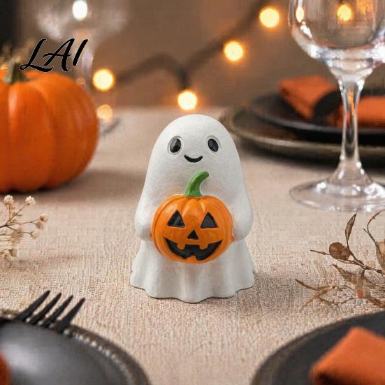 Halloween Desktop Decoration Ghost Pumpkin Ornaments Resin Smiling Decorations for Home Decorative Window Sill Figurine Office Party Decor,