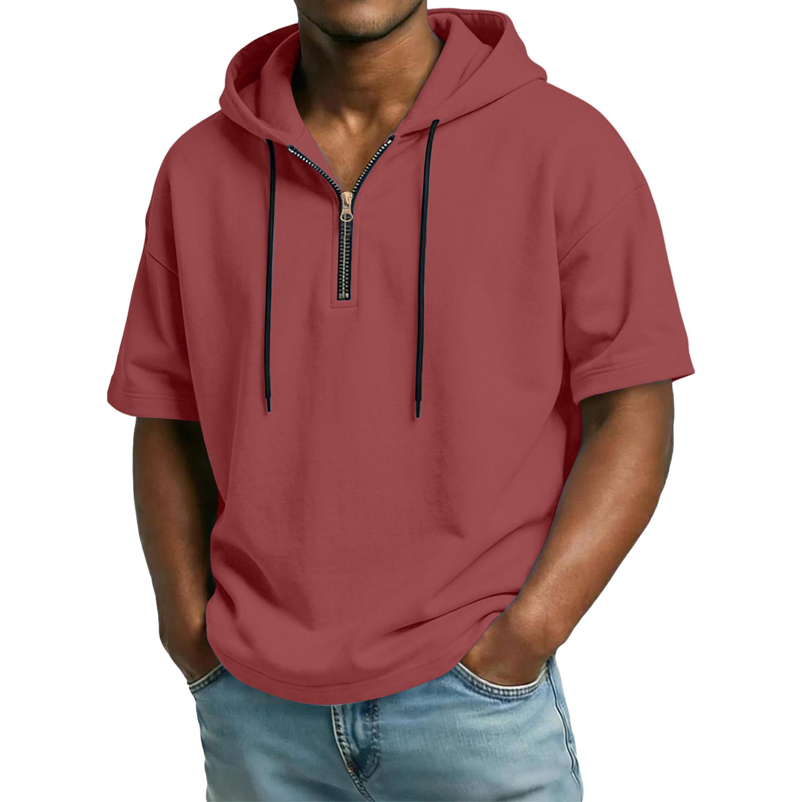 Men s Casual Hooded Zipper Neck Sweatshirt Short Sleeve Top XL арбуз красный 1850₽