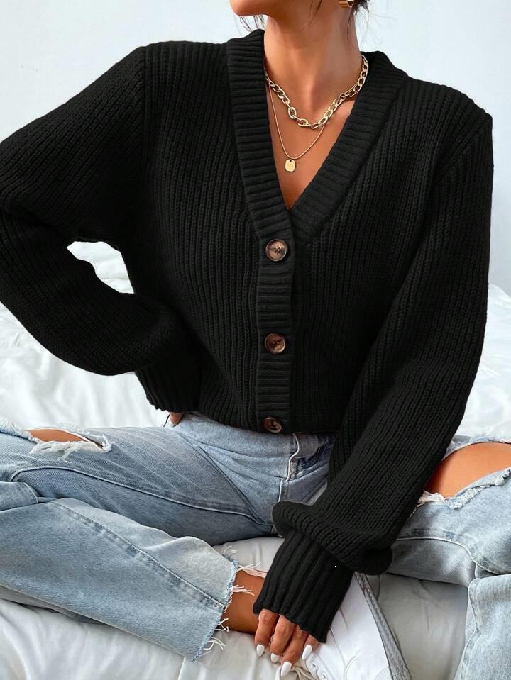 Women's Long-Sleeve V-Neck Cardigan: Solid Color, Single-Breasted, Loose Fit Knit Jacket for Autumn/Winter