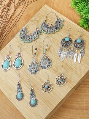 Bohemian Tassel Pendant Earrings Ethnic Ancient Silver Turquoise Dangling Earring Women Zircon Gift