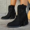 Tassel boots round head thick heel short boots 2025 autumn new high heels rear zipper cow flip