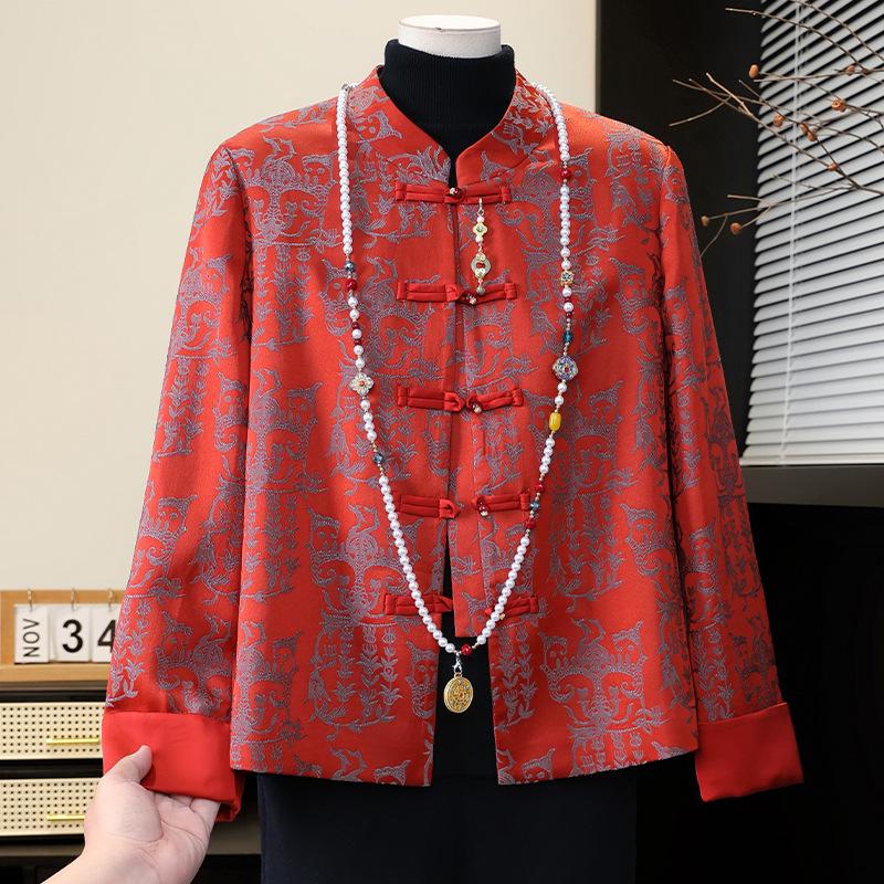 

2026 Women s Stylish Spring and Autumn Lapel Jacket for Middle-Aged and Elderly 5XL (145-155 jin) красный