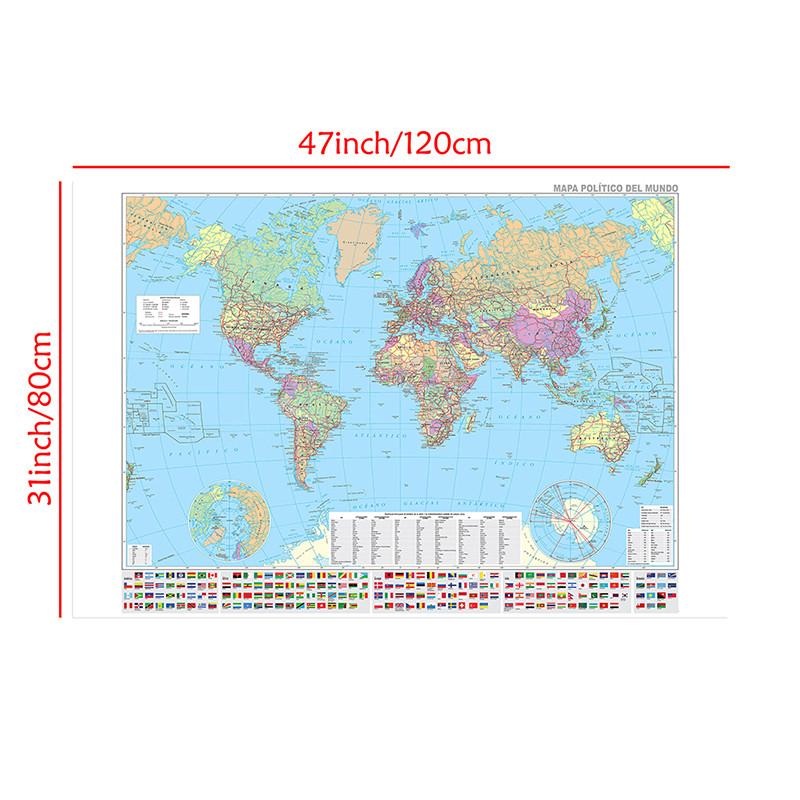 Spanish Map-World Map-Political Distribution-City Maps,Poster for Home Office Classroom,Travel/Educational Supplies