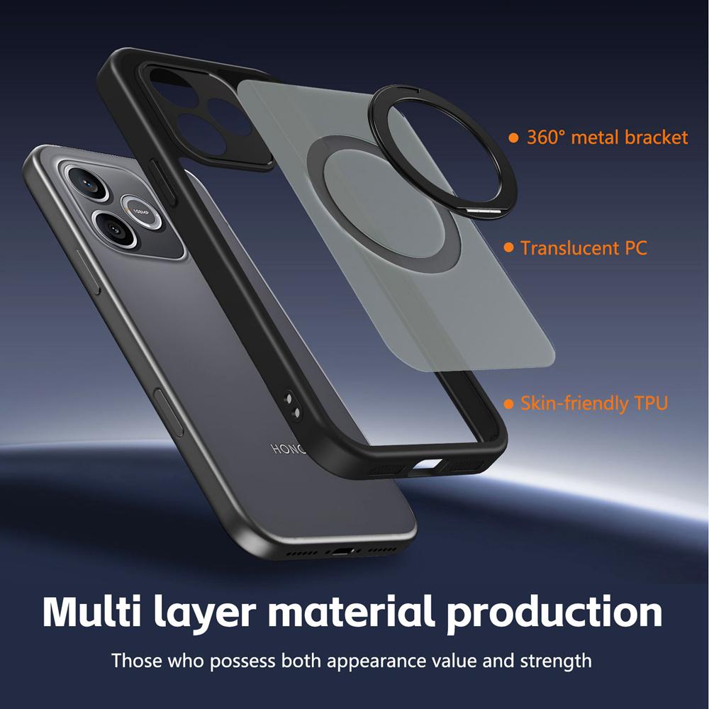 KEYSION 360° Rotating Ring Stand Magnetic Phone Case for HONOR 600 Lite 5G Matte Translucent Shockproof Back Cover for Honor X8d