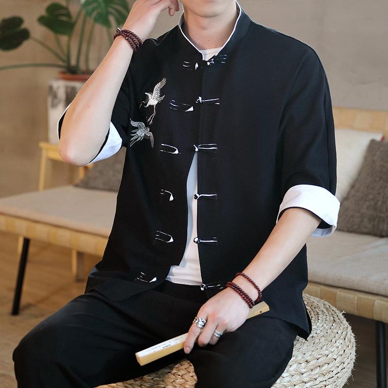 Spring/Summer 2020 Men's Cotton Linen Embroidered Seven-Sleeve Shirt with Frog Buttons - Retro Hanfu Style