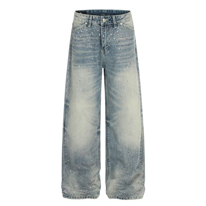 

Kisko American High Street Style Rhinestone Washed Straight-Leg Jeans for Men and Women, Designer Cleanfit Drape Pants Trendy Blue 2XL