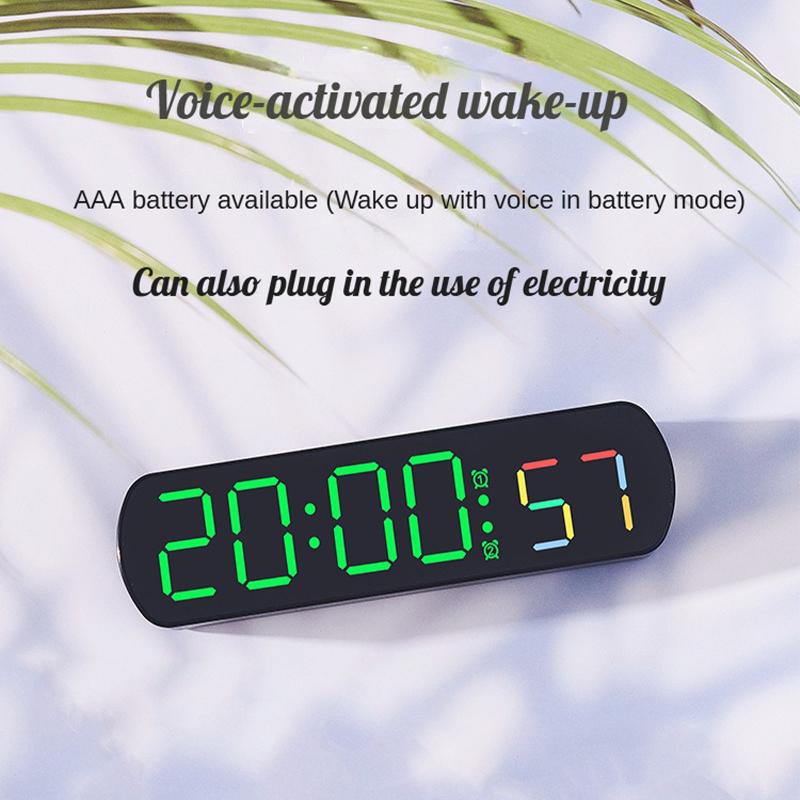 Voice control digital alarm clock with date temperature display night mode count 12/24 hour home living room decoration clock