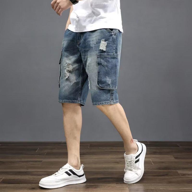 Men's Trendy Korean Style Ripped Denim Shorts - Summer 2023 Loose Fit Five-Point Pants