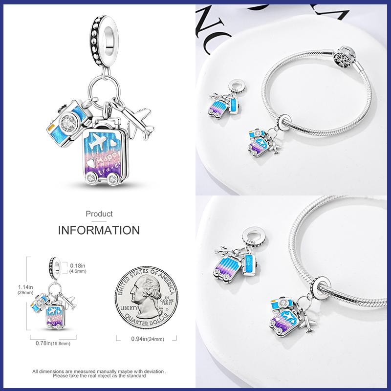 925 Silver Pink Heart Wings Skating Shoe Aircraft Camera Charms Beads Pendant Fit Qikaola 925 Original Bracelet Jewelry