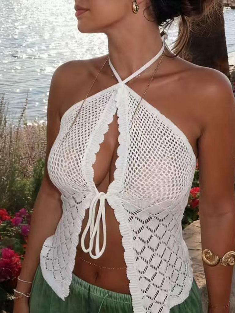 Women Sexy Halter Lace Up Backless Hollow Out Knit Cropped Top