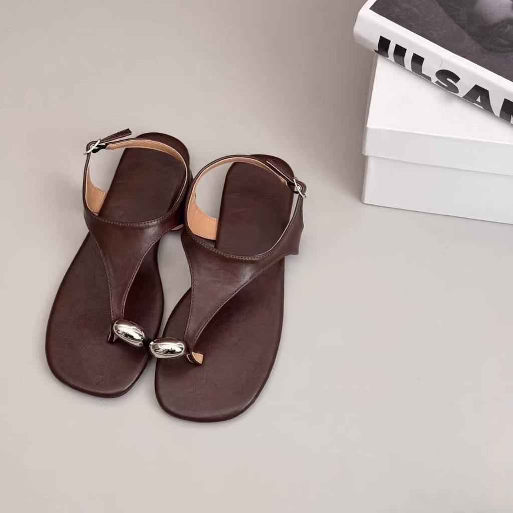 Cowhide version~ retro flat-bottomed metal sleeve toe buckle with sandals women's 2025 summer new pinch foot cool slippers