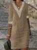 Solid Color V-neck Mid Sleeve Cotton Linen Casual Dress