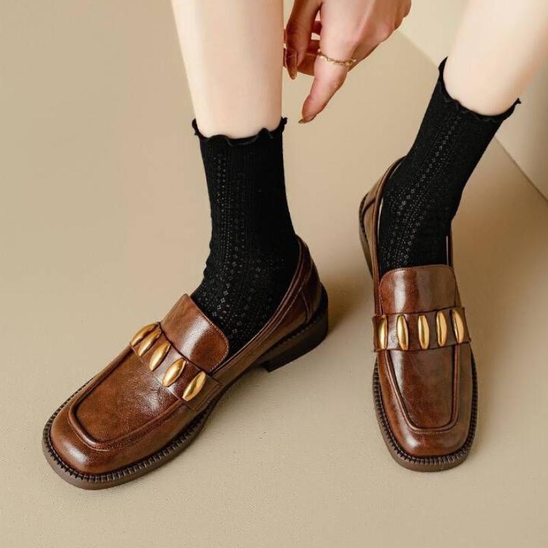 British Style Vintage Slip on Loafers for Women 2025 Spring and Autumn Soft Leather Square Toe Chunky Heel Loafers Shoes