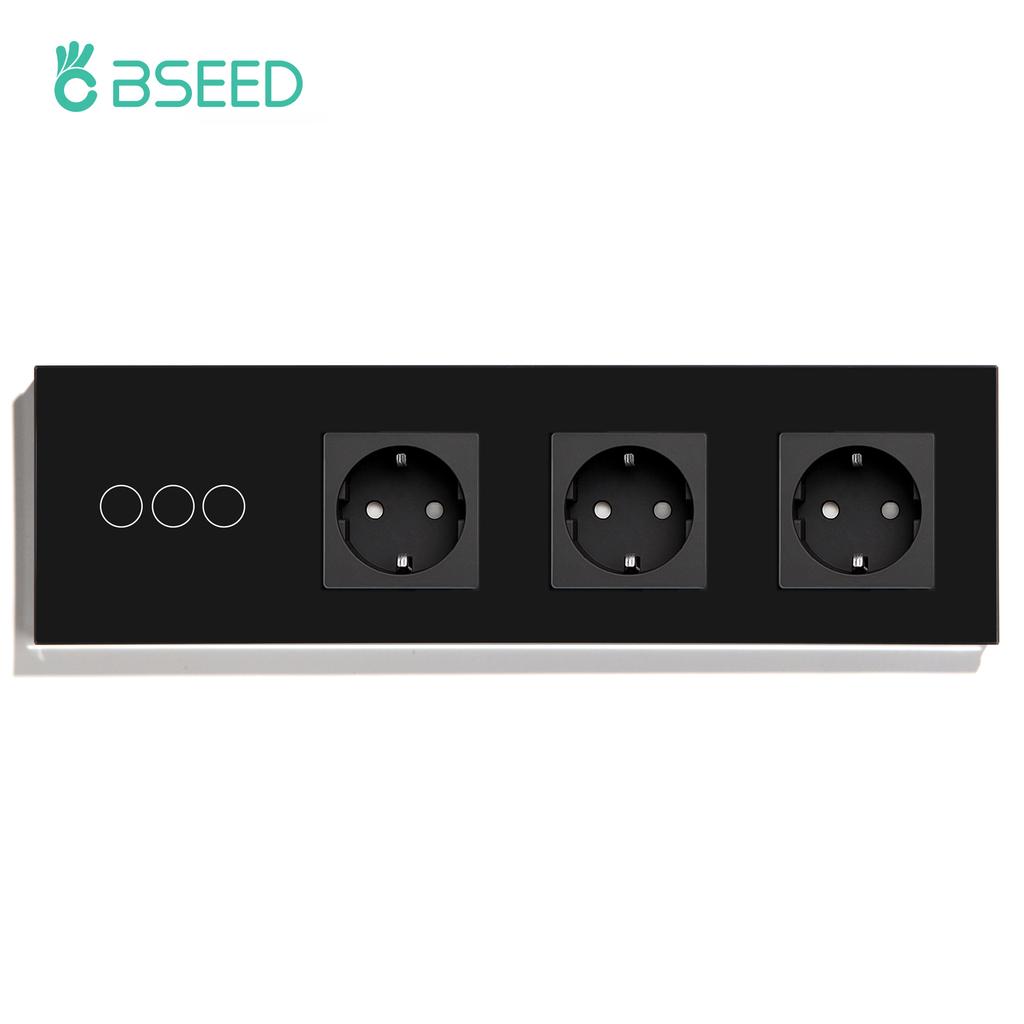 BSEED 1/2/3Gang Touch Switch 1Way Plus Triple Wall Sockets EU Standard Blue Backlight Glass Panel 299mm