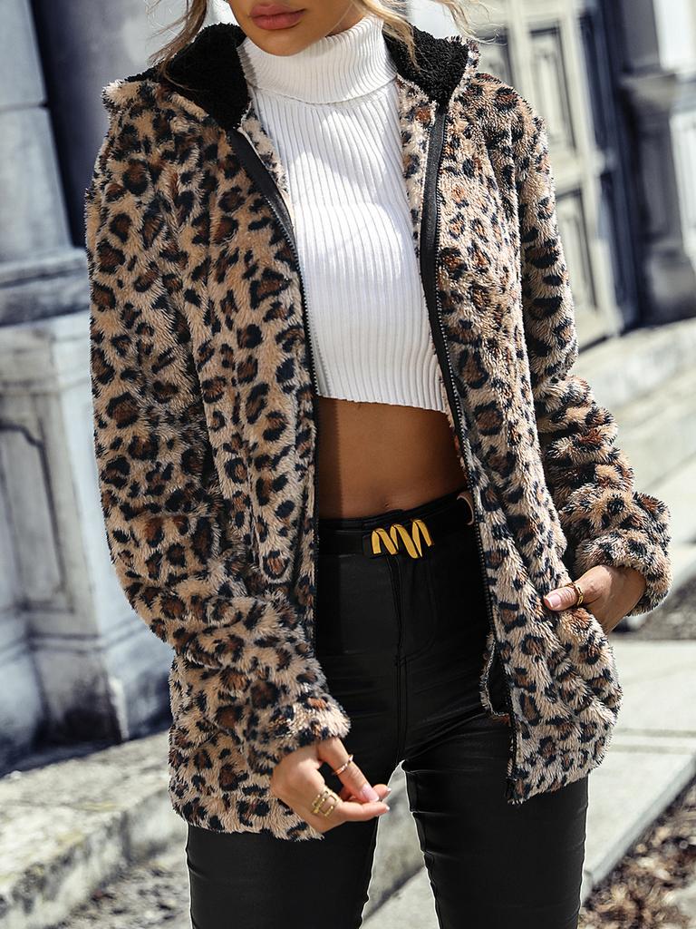 Faux Fur O Neck Long Sleeve Leopard Print Maxi Coat for Women