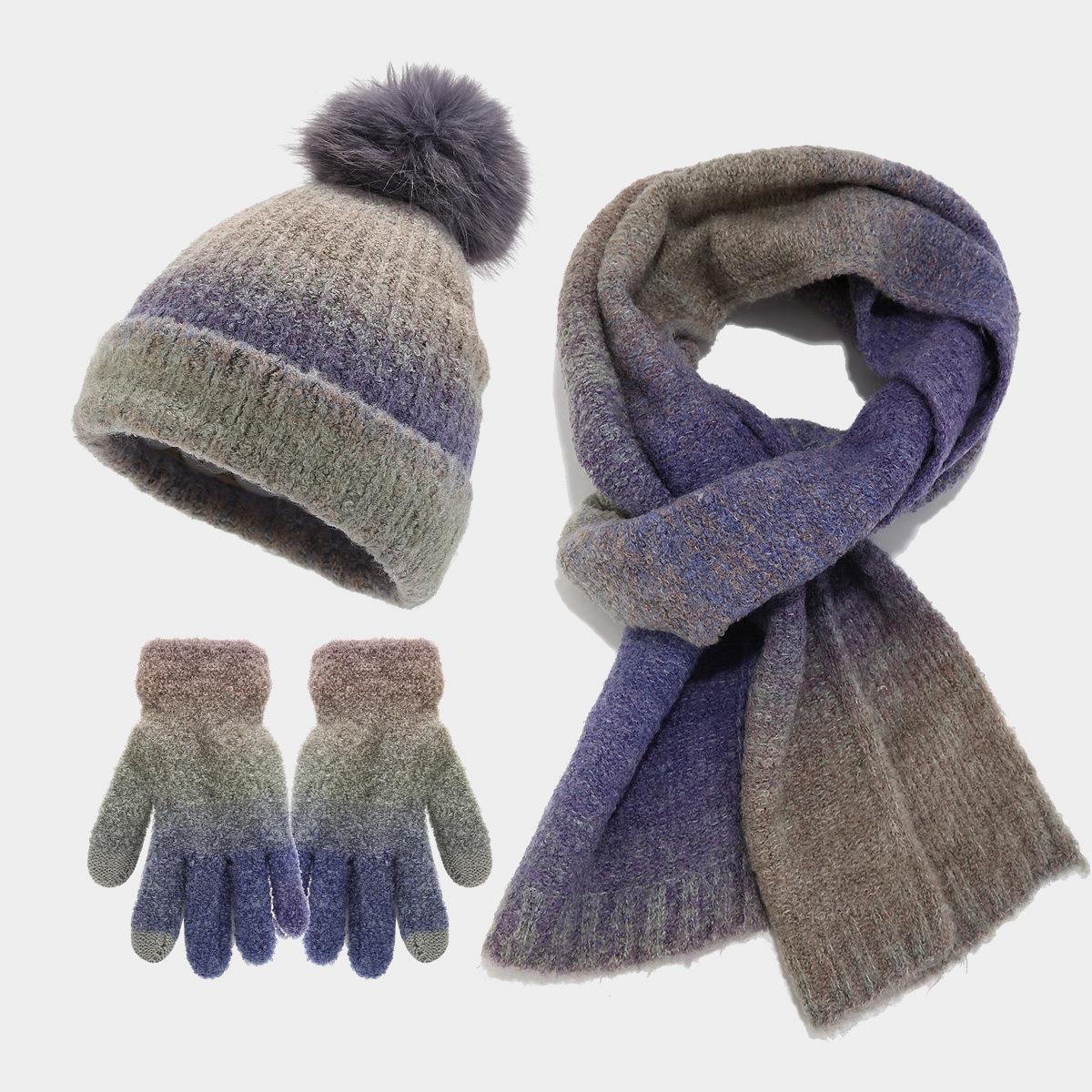 Tie-Dye Hat, Scarf, and Gloves Set Fashionable Pom-Pom Knitted Hat Set фиолетовый