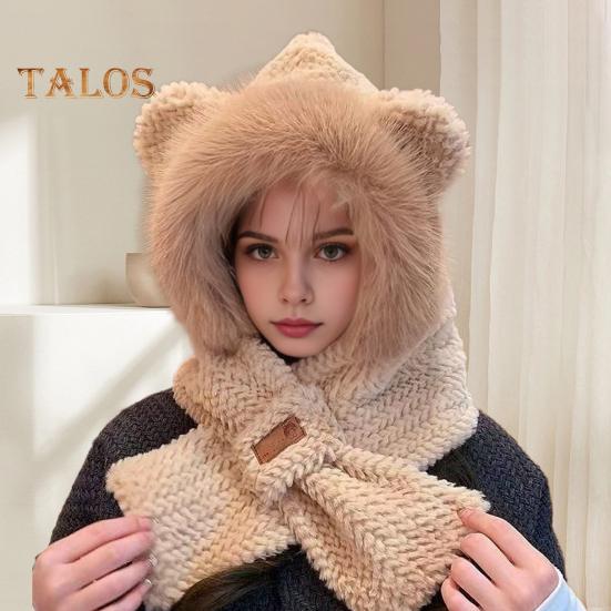 Women Winter Integrated Hat And Scarf Thick Fleece Warm Cartoon Fox Ear Decor Windproof Full Protection Outdoor Travel Cold Weather Snowboarding