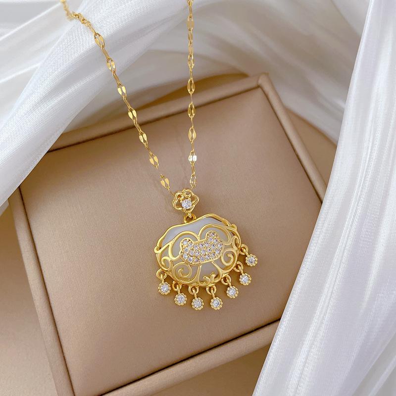 Tassel Auspicious Lock Light Luxury Temperament Gorgeous Full Diamond Necklace Women'S Versatile Collarbone Chain Titanium Steel Chain