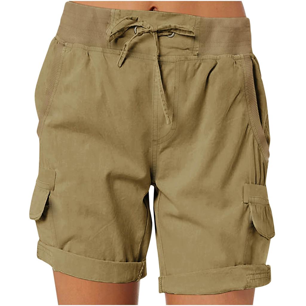 Women Shorts Cargo Pants Shorts Elastic Waist Short Pants Cotton Linen Pocket Summer Beach Solid Color Sliming Comfot Breathable