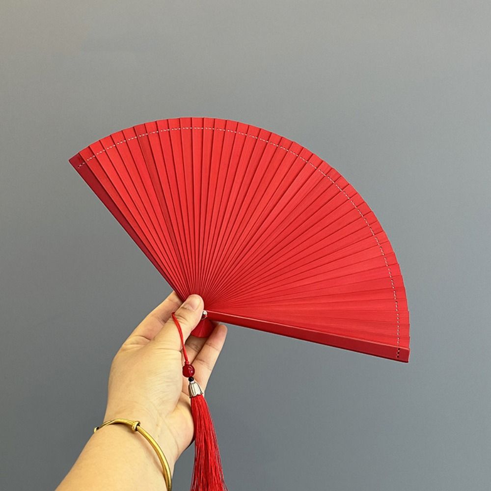 Chinese Style Folding Bamboo Fan Portable Solid Color Tassel Folding Fan Classical Exquisite Kimono Fan Wedding Party Decor