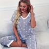 V-neck Star Print Pajama Set for Women - Short Sleeve & Loose Fit Pants