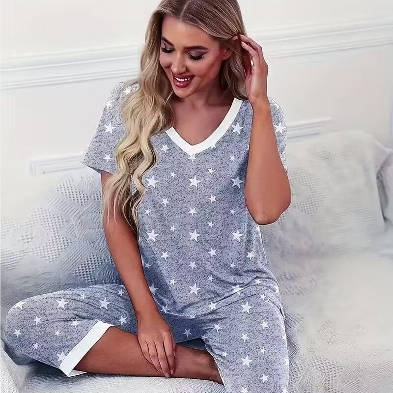 V-neck Star Print Pajama Set for Women - Short Sleeve & Loose Fit Pants