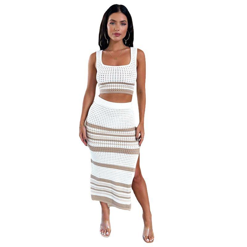 2024 Export European and American Women's Clothing Summer New Sleeveless Vest Sexy Slit Stripes Skirt Knitting Suit