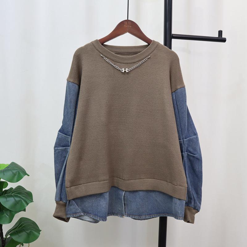 

Осень и зима новый джинсовый вязаный свитер топ женский дизайнерский свободный повседневный фейковый двухслойный свитер пуловер one size fits all хаки