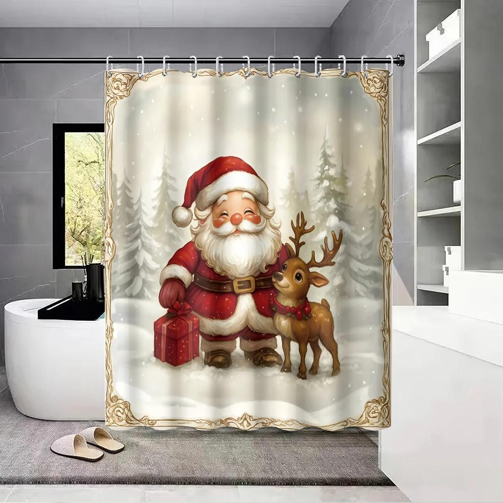 1pc Santa Claus Reindeer Print Waterproof Shower Curtain Bathe Partition with 12 Hooks for Privacy Protection Easy Installatio