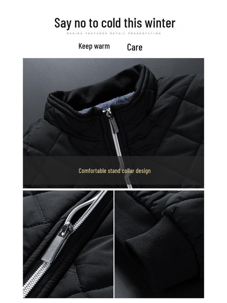 2024 Winter Men's Solid Color Quilted Stand Collar Cotton Jacket with Velvet Lining