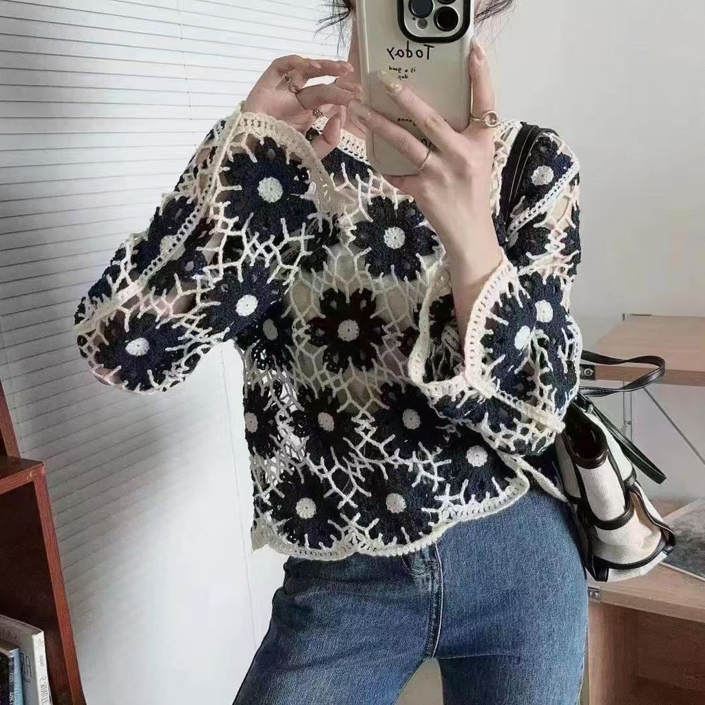 Hollow Out Knitted Shirt for Women Early Autumn New Style Large Size Slim Hollow Top