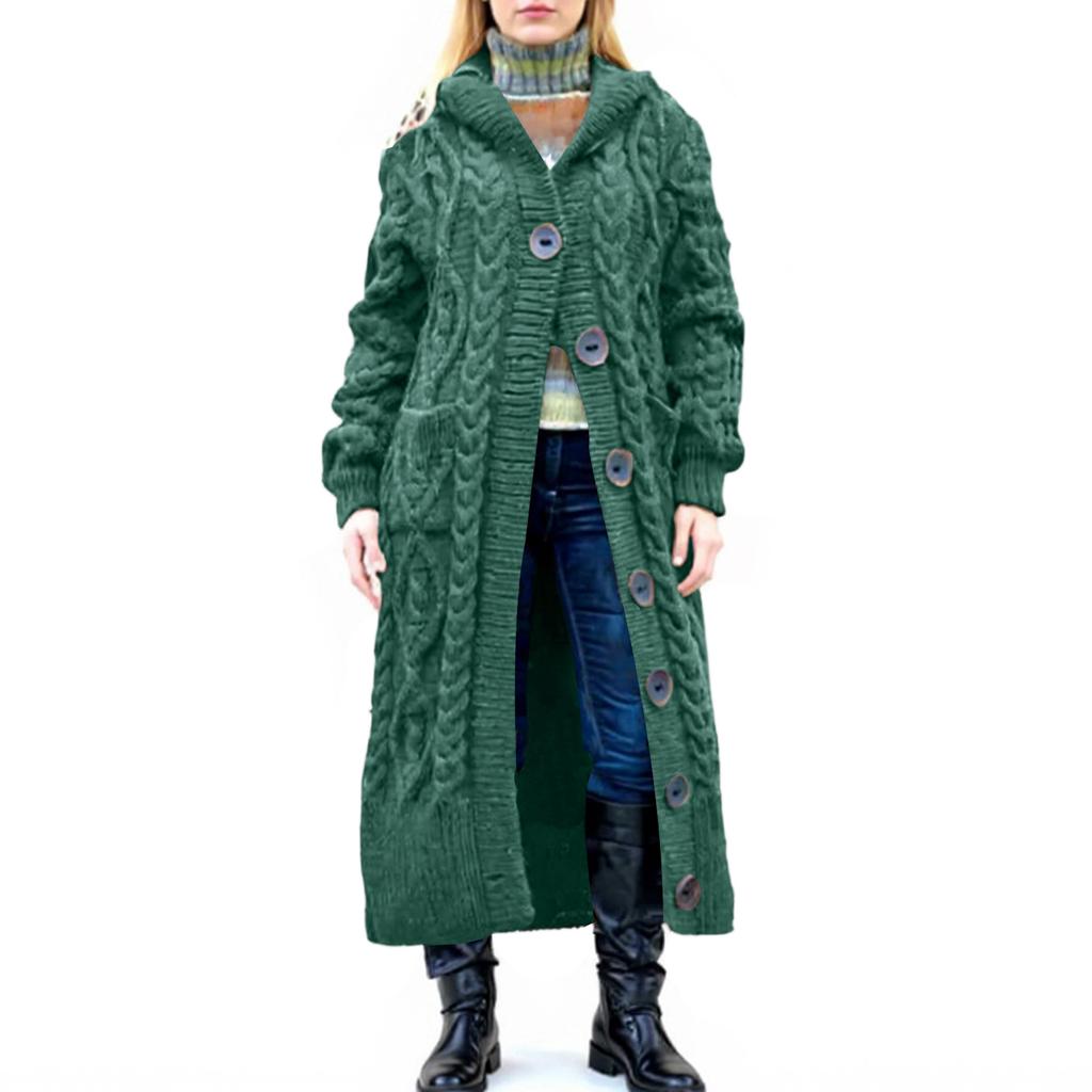 Women's Loose Button Pocket Cable Knitted Mid-length Coat